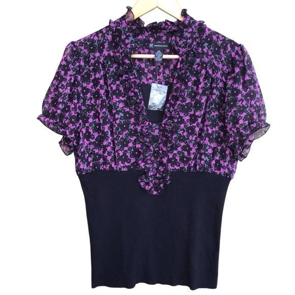 INC International Concepts Silk Floral Short Ruffle Trim Puff Sleeve Blouse New - Picture 1 of 6